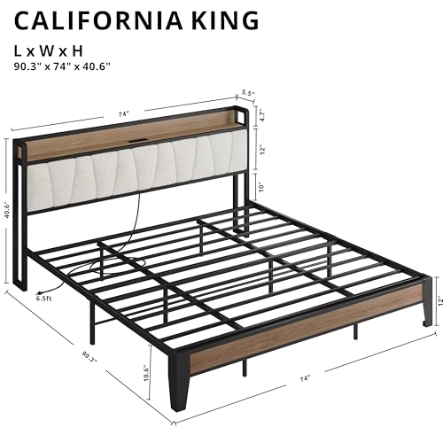 LIKIMIO California King Bed Frames, Storage Headboard with Charging Station, Solid and Stable, Noise Free, No Box Spring Needed, Easy Assembly, Wood and Cream