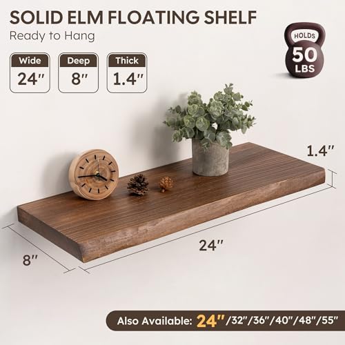 Image of 24 inch Live Edge Floating Shelves Set of 2, Solid Elm Wood, Vintage