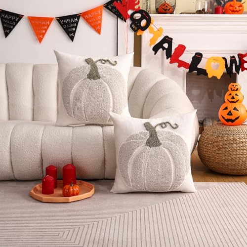 Tosleo Halloween Throw Pillow Covers 18x18 inch Set of 2 Halloween Beige Pumpkin Embroidered Pillow Cases Thanksgiving Home Party Pumpkin Fall Decor Pillowcases Square Cushion Covers