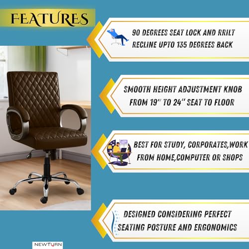 Image of NEWTURN Beta Mid Back Office Chair, Leatherette Ergonomic Design with Tilt /Height Adjustment, Metal Chrome Base, 360 Swivel for Study and Work from Home & 1 yrs Parts Replc. Warranty (Brown)