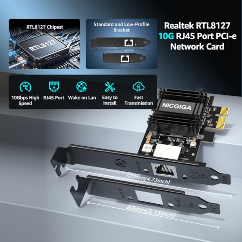 Image of NICGIGA 10Gb PCIe 4.0 x1 Network Card, Realtek RTL8127 Ethernet Adapter.