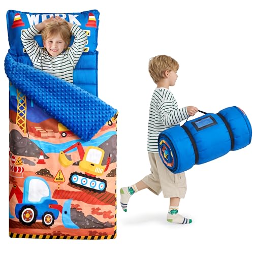 JOIEDOMI Toddler Sleeping Bag for Kids 55''x30'' Nap Mat with Removable Pillow and Minky Blanket for Toddler Ages 3-7 Roll Up Kids Sleeping Bag for Boys Girls Kindergarten Daycare Sleepover Vehicle