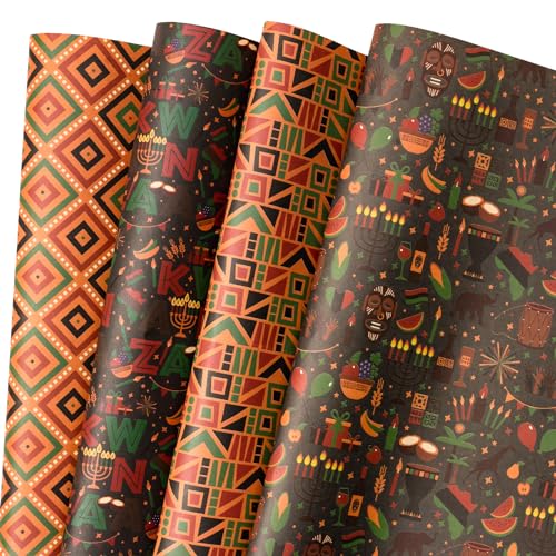 RUSPEPA Kraft Wrapping Paper Sheets - Kwanzaa Menorah and Geometry Design - African...