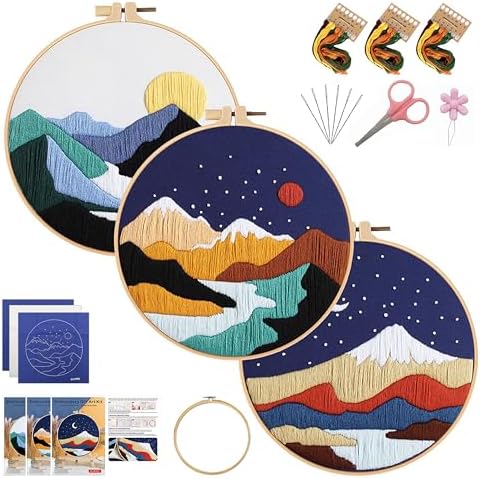 KEKEMEOW 3 Sets Embroidery Kit for Beginners, Stitches with Landscape of Mountains Patterns, DIY Cross Stitch Kits for Adults, Needlepoint Hand Embroidery Kit with Stamped Pattern、Instruction、Hoop