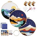 KEKEMEOW 3 Sets Embroidery Kit for Beginners, Stitches with Landscape of Mountains Patterns, DIY Cross Stitch Kits for Adults, Needlepoint Hand Embroidery Kit with Stamped Pattern、Instruction、Hoop