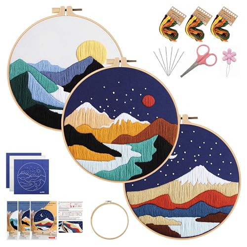 Image of KEKEMEOW 3 Sets Embroidery Kit for Beginners, Stitches with Landscape of Mountains Patterns, DIY Cross Stitch Kits for Adults, Needlepoint Hand Embroidery Kit with Stamped Pattern、Instruction、Hoop