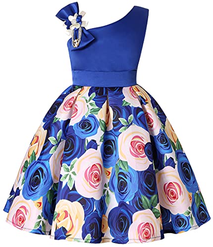 WINKEEY Vestido Floral Sin Mangas de Niña para Fiesta,Noche,Cumpleaños con Cintura Ajustable (130,Azul) Cover