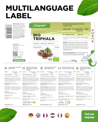 vit4ever Bio Triphala - Hochdosiert mit 2000 mg (500 mg je Kapsel) - 365 Kapseln - Premium Triphala Pulver aus Indien: Haritaki, Amalaki, Bibhitaki - Ohne Zusatzstoffe - Vegan