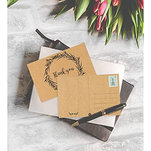 60-Pack Thank You Postcards - Kraft Paper - All Occasion Post Cards With Mailing Side- Flower Wreath Design - 4 X 6 Inches #TOP1