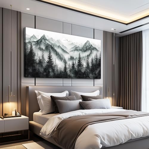 KELIYUAN Wall Decor Large Canvas Painting Wall Art For Bedroom Living Room Decor Black And White Foggy Forest Mountain Ink Landscape Paint Art Print Picture For office Dining Room Mural 30x60 In