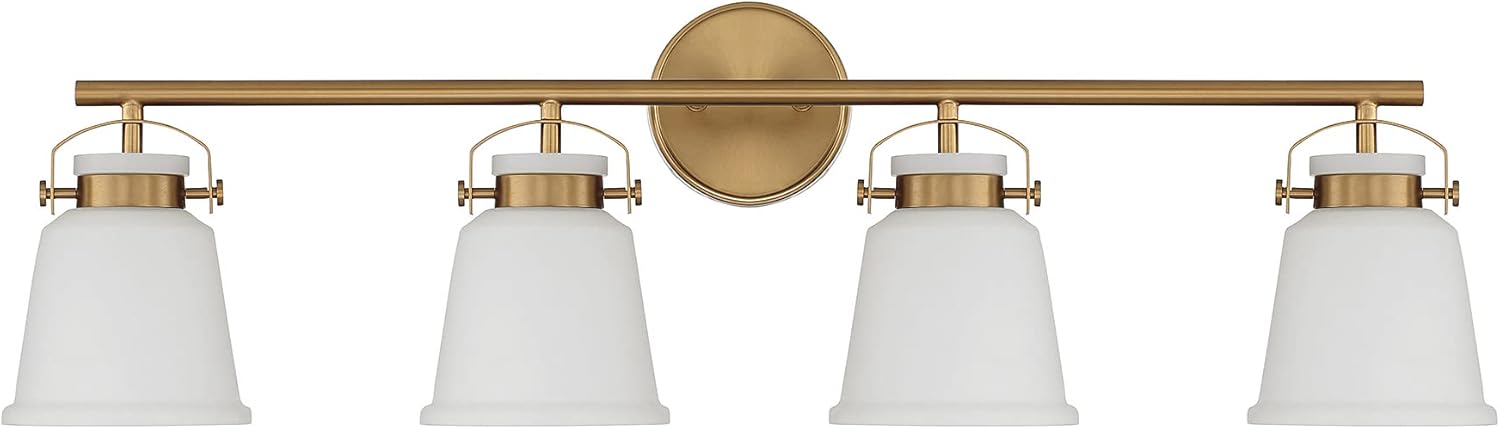 Savoy House 8-1627-4-322 Kaden Industrial Traditional White Opal Glass Bathroom Vanity Wall Light, 4-Light 240 Total Watts, 11" H x 34" W, Warm Brass