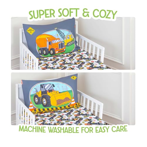 Image of Todays Kids Under Construction Blue Toddler Bedding Set - 2-Piece Baby Crib Sheets Boy Crib Size, 28x52 Fitted Sheet & 20x30 Pillowcase, Soft Breathable & Fade-Resistant Microfiber, Machine Washable