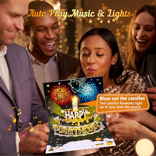 Image of INPHER UPGRADED DIY Age Birthday Cards Fireworks Pop Up Cake Light and Music Black and Gold Happy Birthday Card Gift for Husband, Men, Women, Mom, Grandma