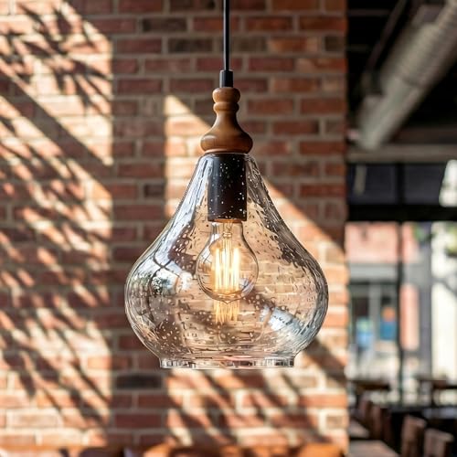 Farmhouse Teardrop Pendant Light for Kitchen Island, Brown Pine Wood and Seeded Glass Shade Hanging Light Fixture, Adjustable Cord, Rustic Dining Room, Coffee Shop and Bar