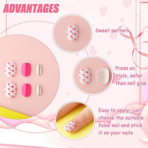 72 Pieces Kids Stick On Nails False Nails Fake Nails Kit ress on Artificial Nail Girl Fingernail Full Cover Short for Girls Children Nail Design Decoration, 3 Boxes (Stripe and Dot Pattern)
