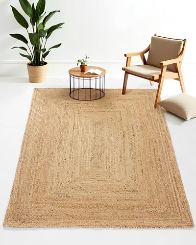carpetfine Juteteppich Nele Beige handgewebt aus Jute 200x290 cm | Moderner Naturfaserteppich im Boho Style für Wohnzimmer, Küche und im Flur