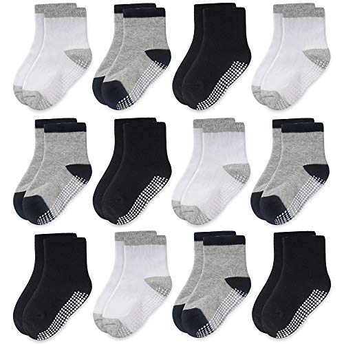 CozyWay Non Slip Toddler Socks 12 Pairs with Grip for Boys Girls Baby Infants Kids Anti Skid Cotton Crew Socks 5-7 Years