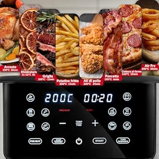 LEHMANN Friggitrice ad Aria 8 Litri XXL, 1800 W, Air Fryer con Finestra di Visualizzazione, 12 Programmi & Regolazione Manuale 76–200°C, Timer 1-60min, Rivestimento Antiaderente, Display Touch