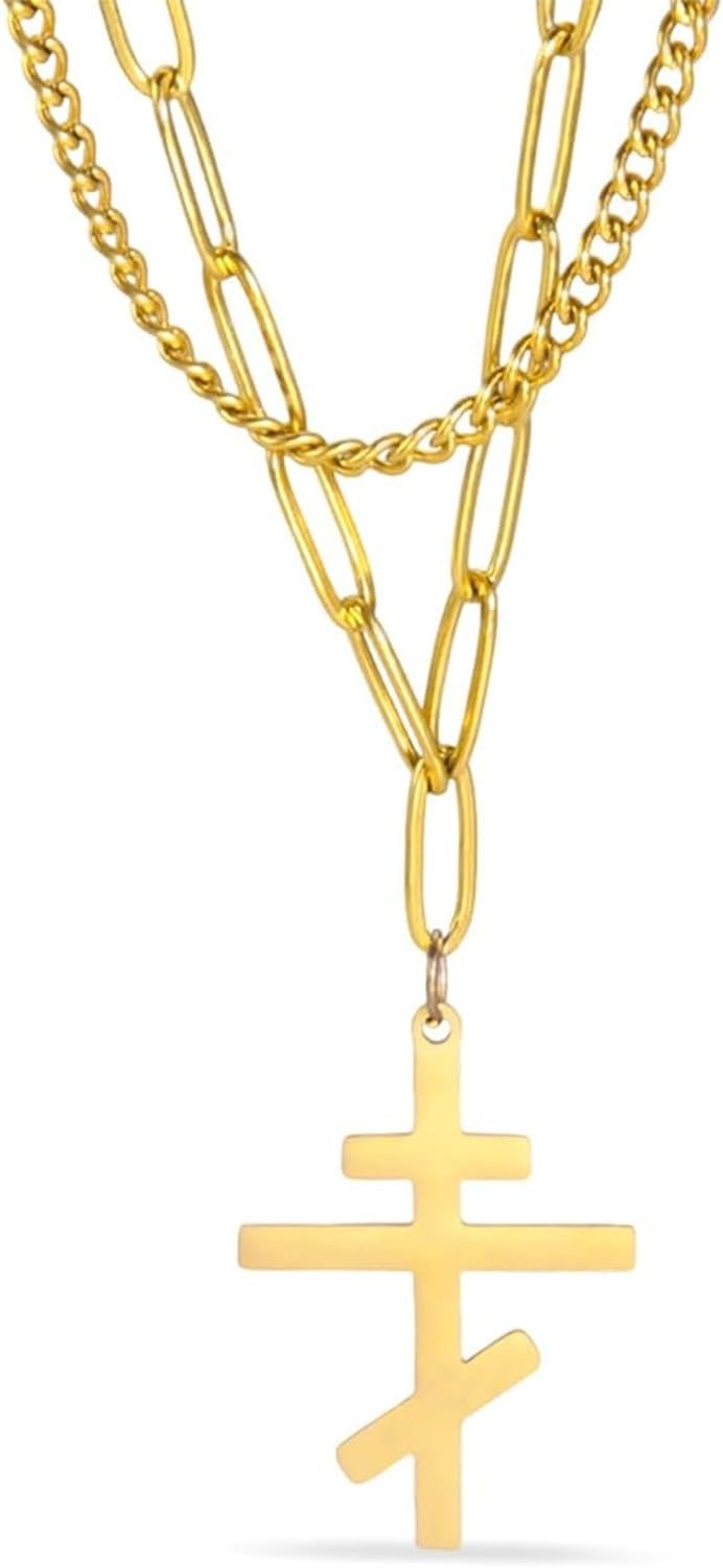 Wuufake Men Women Orthodox Christian Crucifix Cross Necklace Stainless Steel Russian Byzantine Cross Pendant Jesus Christ Elegant Religious Jewelry Gift for Him Her, Gold-2