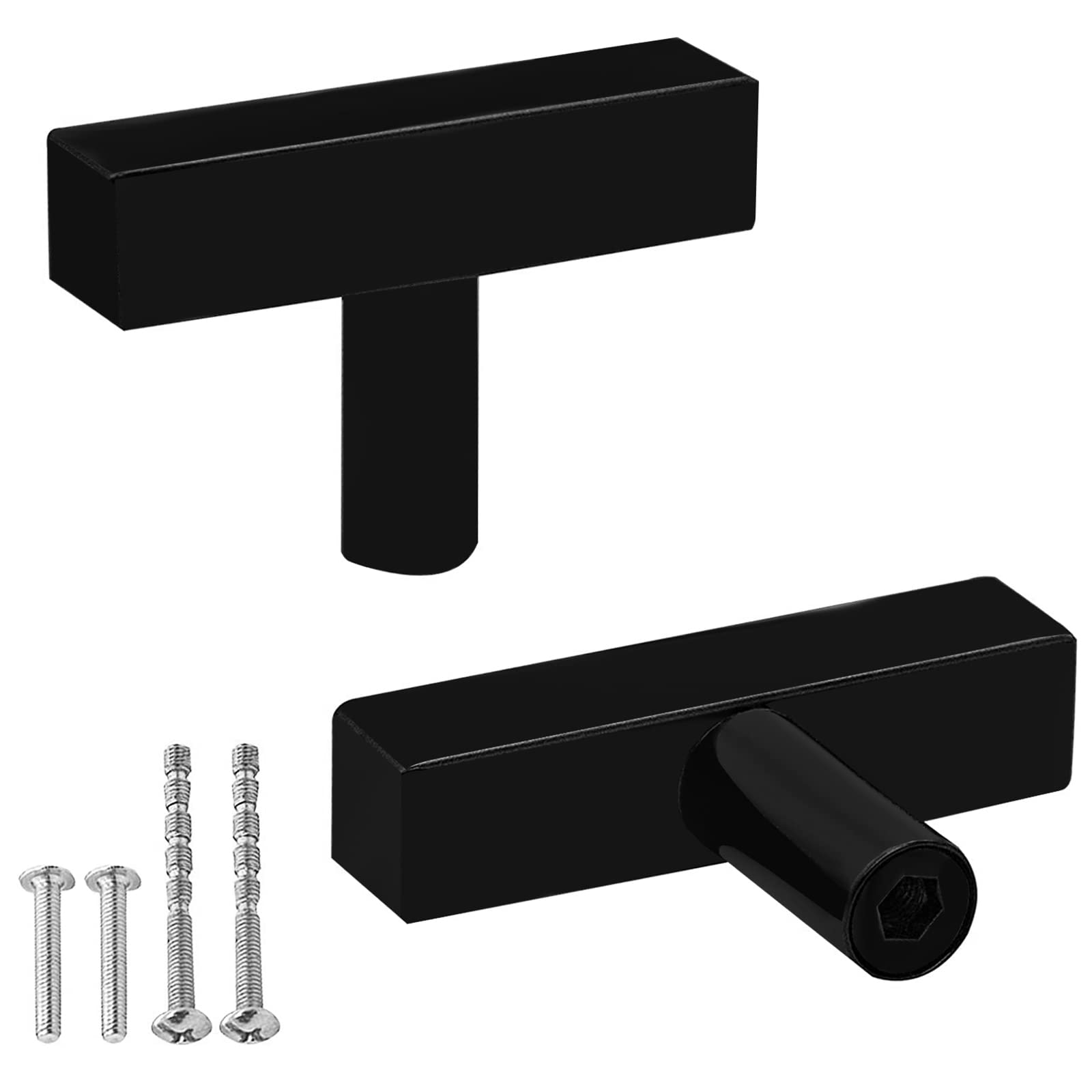 MASSFU 10 Pack Single Hole Black Cabinet Handles, Matte Black Stainless Steel Cabinet Pulls, T-Shaped Kitchen Cabinet Door Handles, Square Drawer