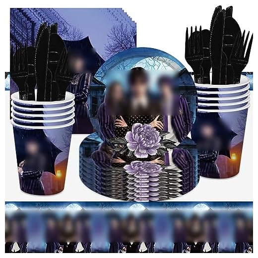 Tomicy Miércoles Vajilla De Fiesta 71piezas Miércoles Reutilizable Set De Juego De Platos y Cubiertos Cubertería De Cartón Vasos y Servilletas para Cumpleaños Bodas Aniversarios(10 Invitados)