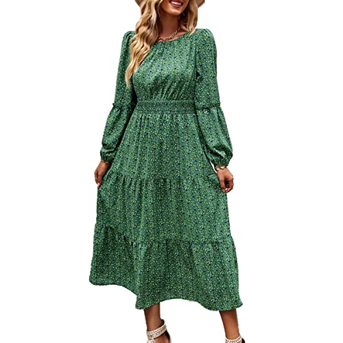 Blooming Beauty Damen Langarm Kleid Herbst Frühling Blumenmuster Hohe Taille Maxikleid Rundhals Gesmokt Tailliert Elegant Casual Cocktail Party Midi Lang Kleider Freizeitkleid (Grün, M) Cover