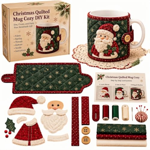 Christmas Mug Cozy DIY Sewing Kit, DIY Quilted Cup Wrap Craft Kit with Fabric, Batting, Thread, Buttons and Needle, Christmas Sewing Kits for Beginners and Crafters (#A)