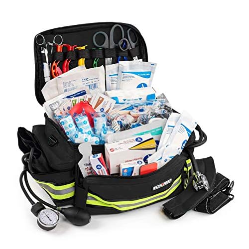 Scherber First Responder Fully-Stocked Professional Essentials EMT/EMS Trauma Kit | HSA/FSA Approved | Reflective Bag w/8 Zippered Pockets & Compartments & 200+ First Aid Supplies – Black