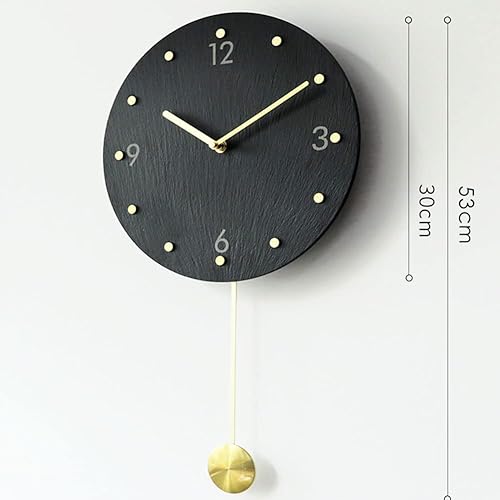 Miniatura 5 de Reloj de pared con péndulo funciona con pilas, reloj negro silencioso de 12 pulgadas montado en la pared, reloj redondo de piedra, funciona con