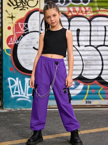 Image of Girls 2 Piece Outfit Set for Tween Girls, Sleeveless Crop Tank Top & Cargo Pants Jogger Set