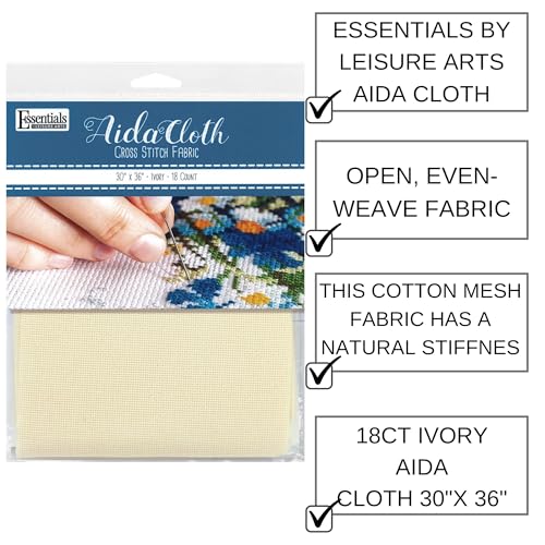 Image of Essentials By Leisure Arts Aida Cloth, 18 Count, Ivory Cross Stitch Fabric, Embroidery Fabric, Cross Stitch Supplies for Crafting, Stitching, and Sewing Projects 30X36