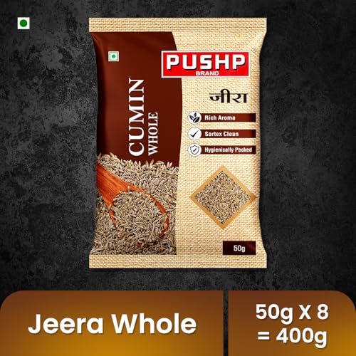 Image of Pushp Whole Jeera | 50g Pouch | Premium Cumin Seeds | Aromatic & Flavorful | Ideal for Cooking, Tadka, Seasoning (Pack of 8)