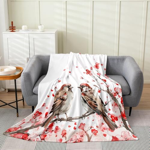 Feelyou Sparrow Couple Print Fleece Throw Blanket Red Heart Pattern Flannel Blanket Plush Fuzzy Cherry Blossom Branches for Chair Living Room Romantic Valentine Theme Baby 30"x40" Love Bird Design