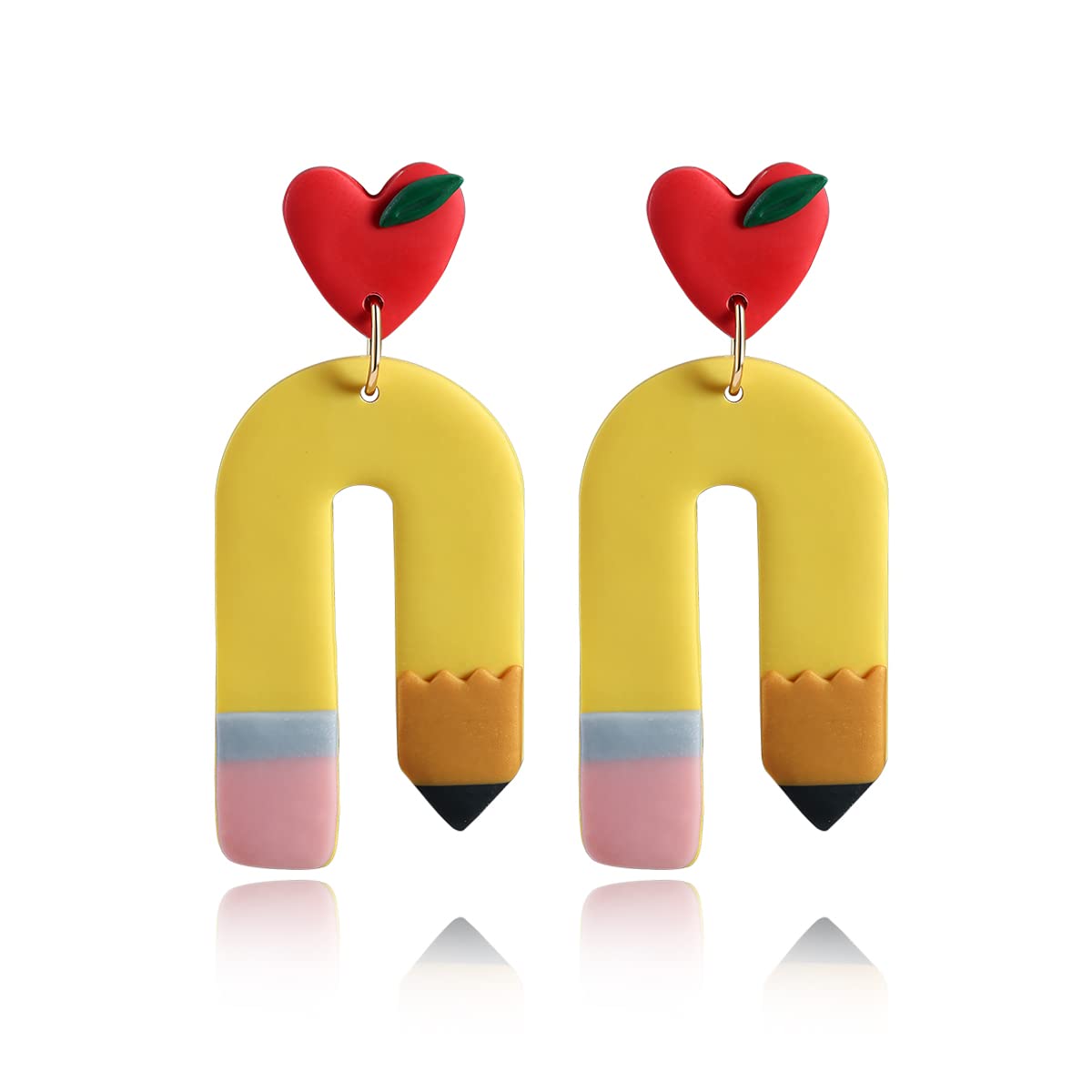 JunXinTeacher Pencil Earrings for Women Girls - Handmade Polymer Clay Apple Pencil Earrings for Teachers - Hypoallergenic Drop Dangle Cute Fun Teacher Earrings Jewelry Gifts (Apple Pencil)