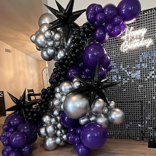 Image of Purple and Black Balloon Arch Kit, 132Pcs Explosion Star Metallic Silver Purple Black Confetti Balloon Garland kit Different Size Balloons for Halloween Graduation Birthday Party Decorations