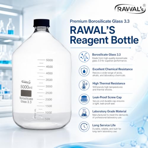 Image of RAWAL'S 5000ml Borosilicate Glass Reagent Bottle - Heavy-Duty Lab Bottle with Leak-Proof Screw Cap | Chemical Storage Container for Laboratory, Scientific, Industrial & Professional Use