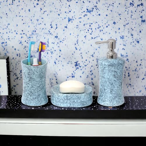 Image of Premium Ceramic Bathroom Accessories Set of 3 | Oval Hand-Painted Luxury Bath Set with 300ml Liquid Soap Dispenser, Toothbrush Holder & Soap Tray | Blue with Black Speckles Pattern