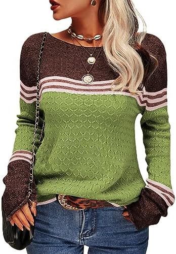 Tankaneo Damen Pullover Colorblock Langarm Rundhals Strickpullover | Langarmshirts,Häkelpullover,Gestreift,Slim Fit,Strickwaren,Tops,Casual,Sweatshirt,Obertiele,longpullover