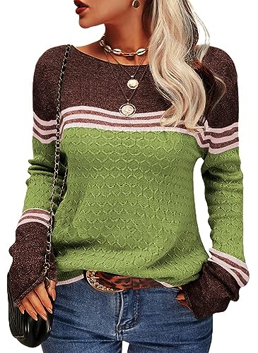 Tankaneo Pull à col rond en tricot à manches longues pour femme Colorblock Rayé Ajusté Tricoté Hauts, Vert militaire., M