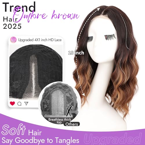 Image of Eawwii Wigs for Women Ombre Brown Highlight,Wavy Synthetic Lace Wig 18 Inch | Glueless 4x1 Lace Hairline, Heat-Resistant Fiber,Short Bob Wave Style,Natural Appearance for Everyday Cosplay