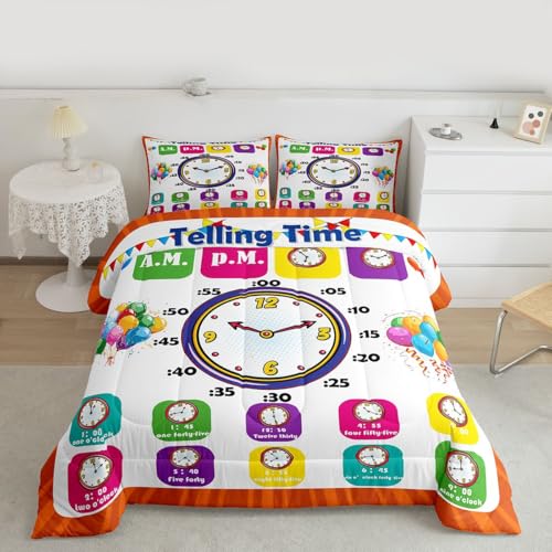Image of Feelyou Educational Bedding Set King, Time Learning Comforter for Kids Boys Girls Time Colock Comforter Set Educational Duvet Set 3Pcs