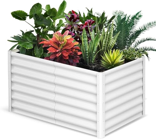 Creperture Jardinière surélevée galvanisée, 6 x 3 x 2 FT Rectangulaire Inoxydable Résistant aux intempéries pour légumes, Herbes, Fleurs, parterres de Jardin, légumes, Blanc crème