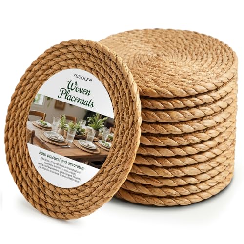 Image of 12 Pcs Round Woven Placemats - Yedoler 13 in Farmhouse Boho Straw Heat Resistant Outdoor Patio Rattan Wicker Table Mats, Natural Water Hyacinth Place Mats Coasters for Dining Table,Home,Wedding