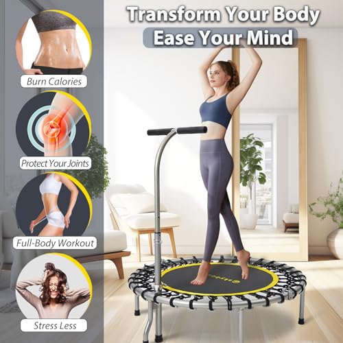 Image of SkyBound Boogie Bounce Elite Foldable Mini Trampoline Fitness Rebounder with Adjustable T-Bar Handle - Exercise Trampoline for Adult - Fitness Trampoline for Workout Trainer