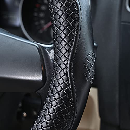 Image of Haokay Heavy Duty Pure Cowhide Steering Wheel Cover, Genuine Leather Steering Cover with 15 Inches Universal Fit (Black-3)