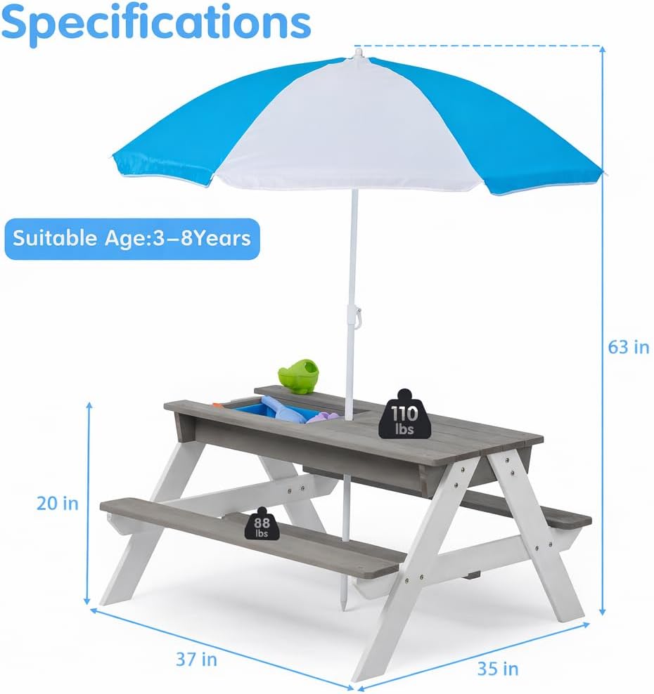 3-in-1 Kids Wooden Picnic Table with Adjustable 43" Umbrella, Convertible Sand & Water Activity Table, Solid Cedar Wood, Water-Based Coating, Seats 4 Ages 3+, Gray