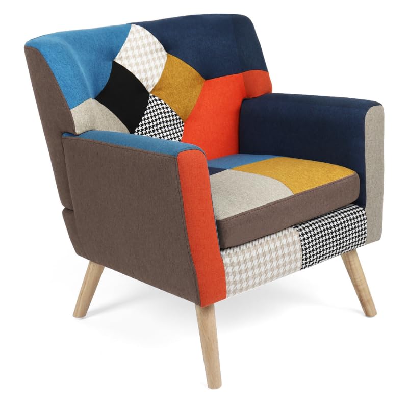IDMarket – Sillón escandinavo LIV en tejido Patchwork Multicolores e impreso Pie de gallina