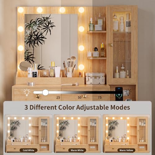 Image of HUANLEGO Vanity Desk with Mirror and Lights & LED Glass Cabinet, Oak