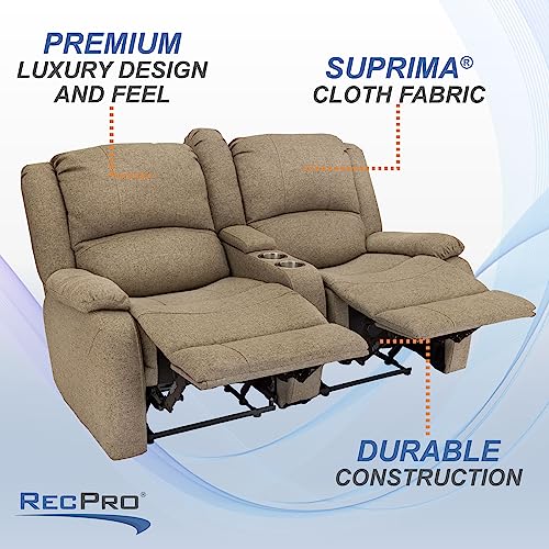 RecPro Charles 64\" Double Recliner RV Sofa with Console and Cupholders | Zero Wall Loveseat for Camper | Wall Hugger Couch | Fifth Wheel Theater Seating | Replacement RV Furniture | Oatmeal Cloth - Thumbnail 5