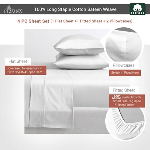Pizuna 100% Cotton Sheets For Queen Size Bed White, 400 Thread Count Long Staple Combed Cotton, Sateen Cooling Sheets Queen, 15 Inch Deep Pocket Queen Sheets Set (White Cotton Bed Sheets Queen) #TOP2